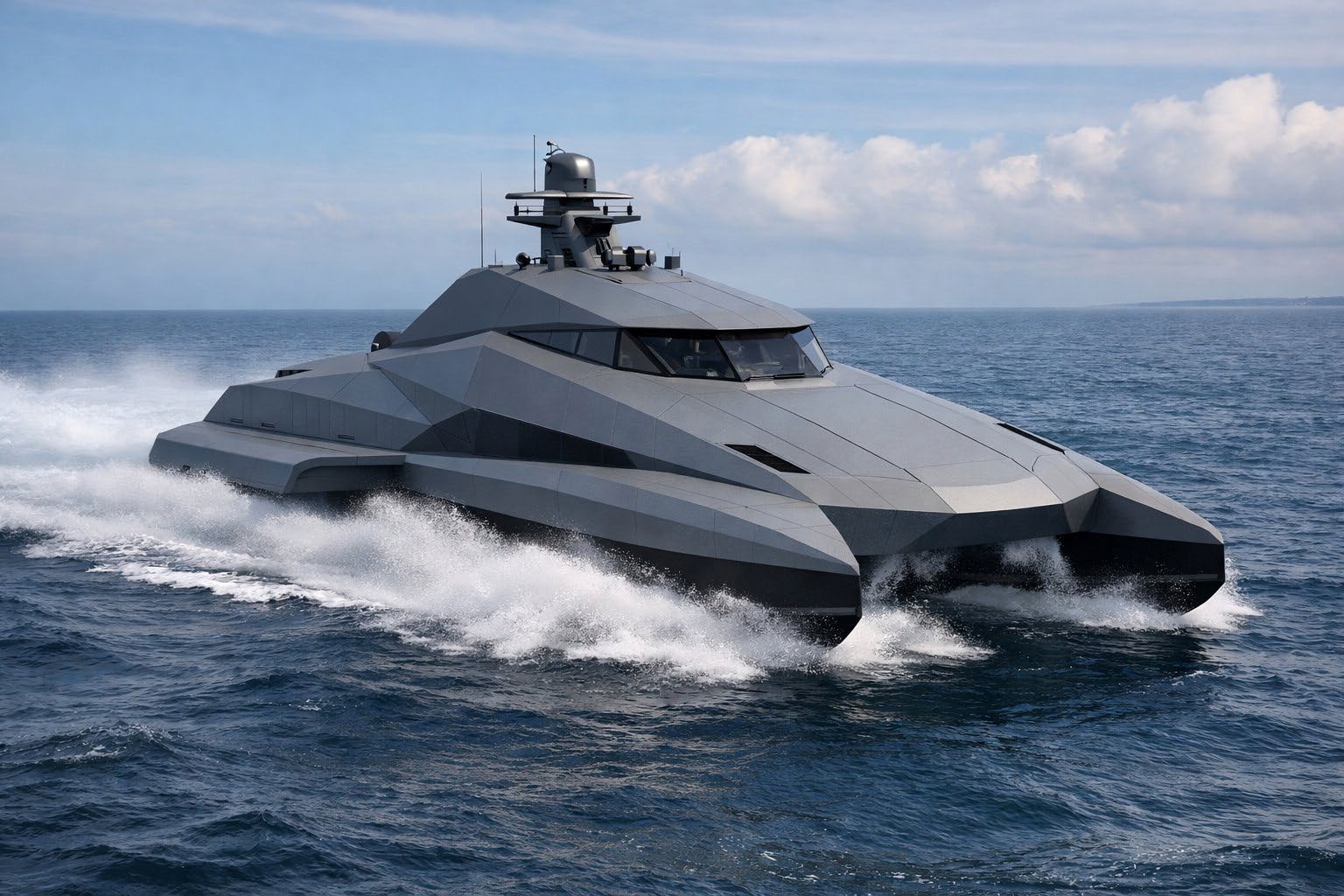 SES-34 surface-effect naval platform. Project concept visualization from Reinventy’s technical programme; configuration and performance remain subject to physical validation.