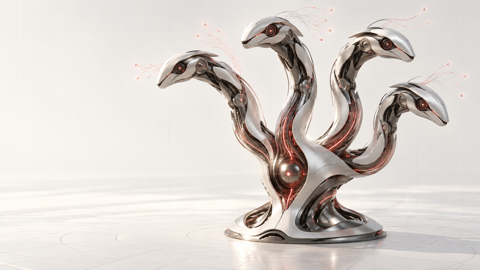 Conceptual representation of IDRA, ARC’s four-headed AI research agent, with four specialised analytical heads connected to one governed core.