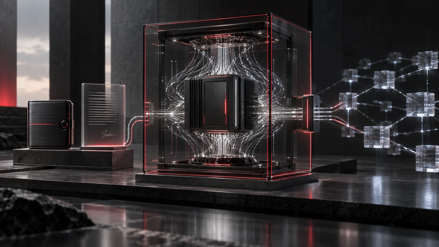 Original conceptual artwork for Reinventy ARC: a synthetic compute core separated from an owner-controlled wallet and signed mandate.