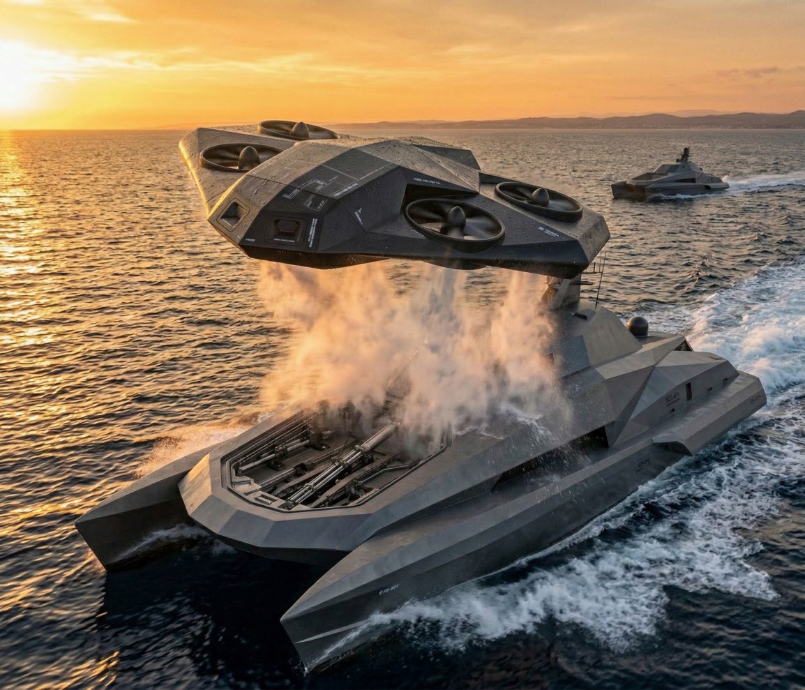 SES-34 maritime and aerial integration concept. This project render illustrates the relationship between the surface platform and an airborne perspective; it does not establish a flight-qualified or sea-qualified configuration.