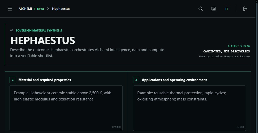 Authentic ALCHEMI 5 Beta Hephaestus interface. The research brief separates material requirements from application context. Interface view only; no discovery or measured performance is represented.