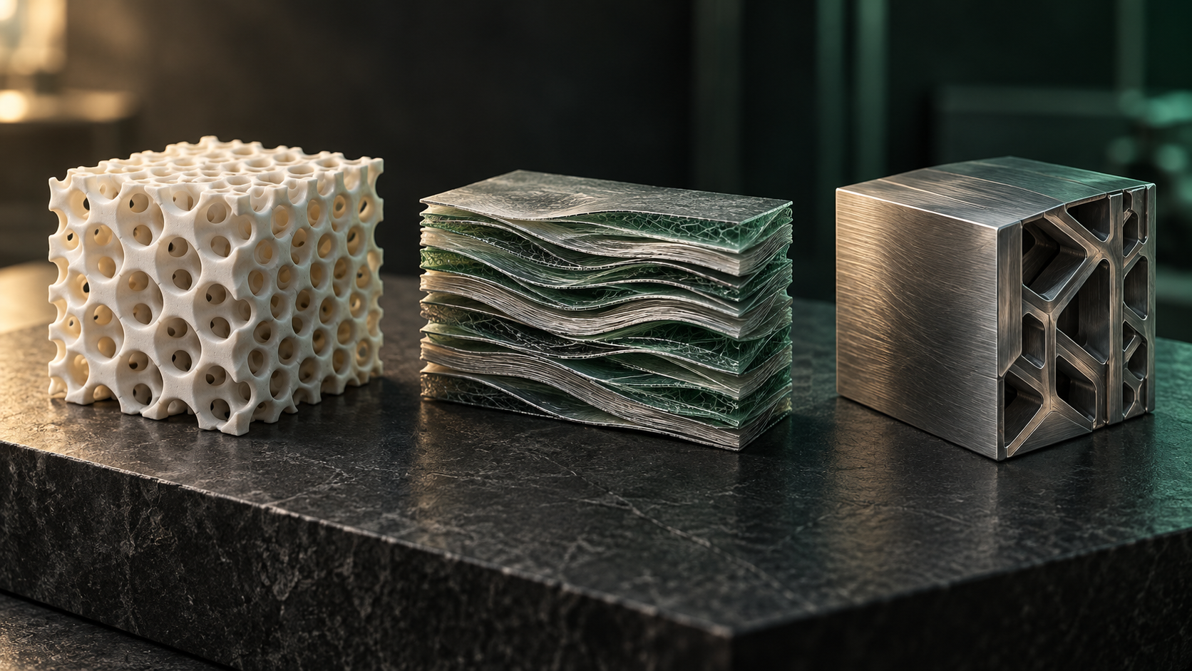 Original AI-generated conceptual illustration of ceramic, layered-composite and cellular material architectures. These forms illustrate research directions; they are not photographs of ALCHEMI-produced specimens or scientific simulation outputs.