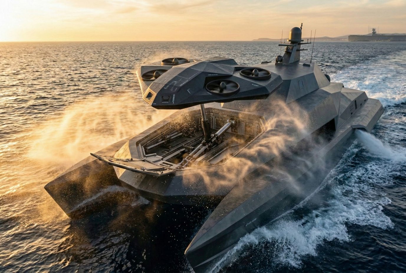 SES-34 concept visualization with its integrated aerial platform. The illustration represents a proposed configuration, not a photograph of a completed vessel or evidence of sea-trial performance.