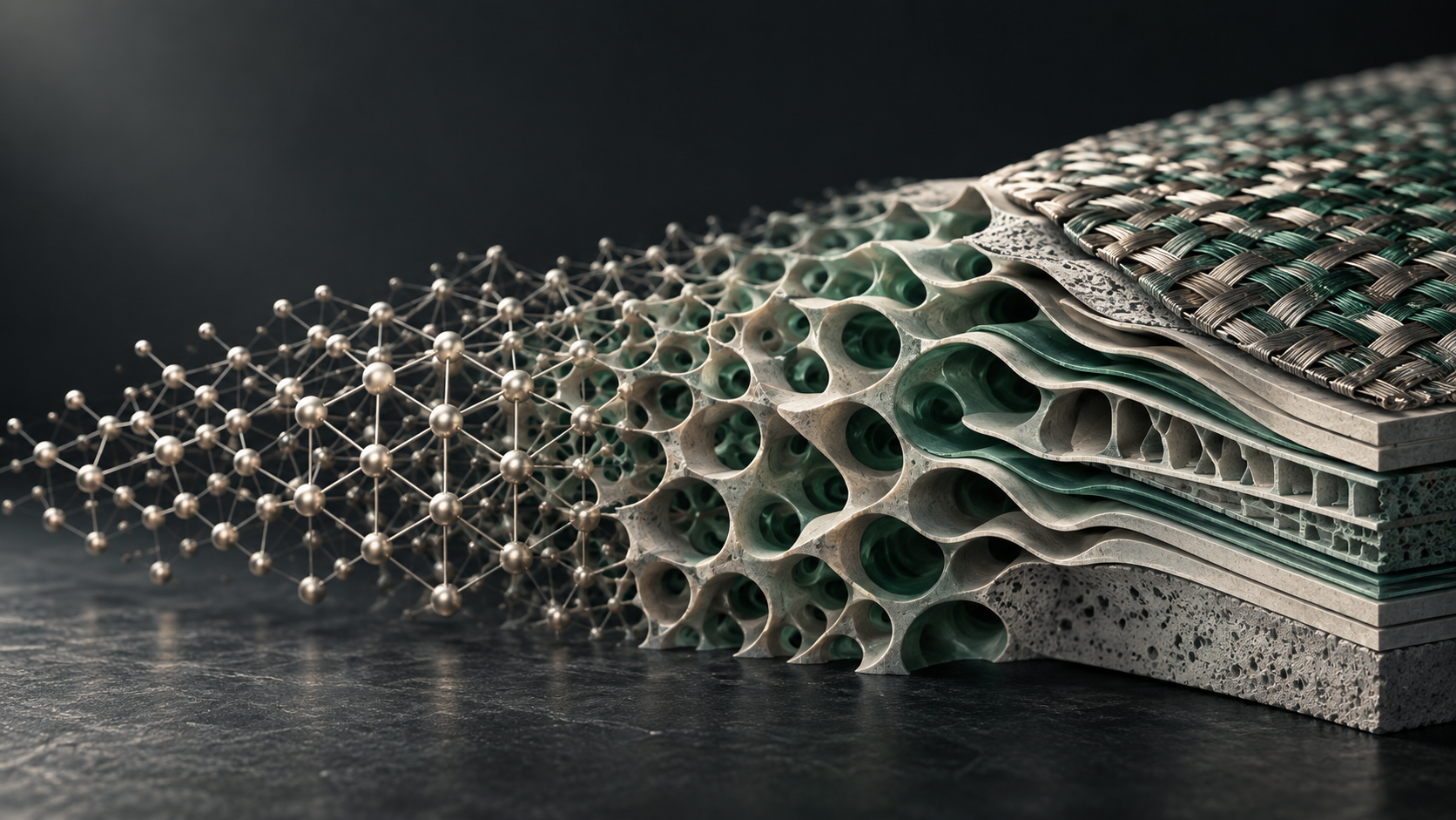 Original AI-generated conceptual illustration of the path from crystal lattice to engineered material architecture. Not a manufactured specimen or a scientific result.