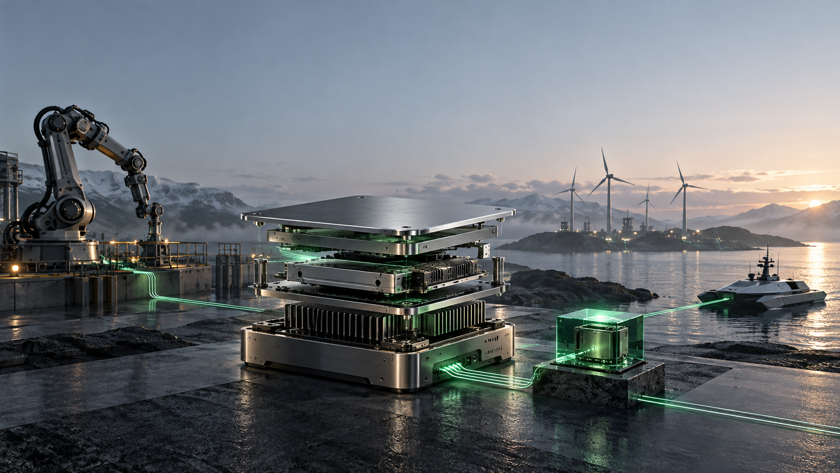 Original AI-generated conceptual illustration of Tin Man OS linking edge cognition with industrial, energy and maritime systems. Not a photograph of a deployed product.