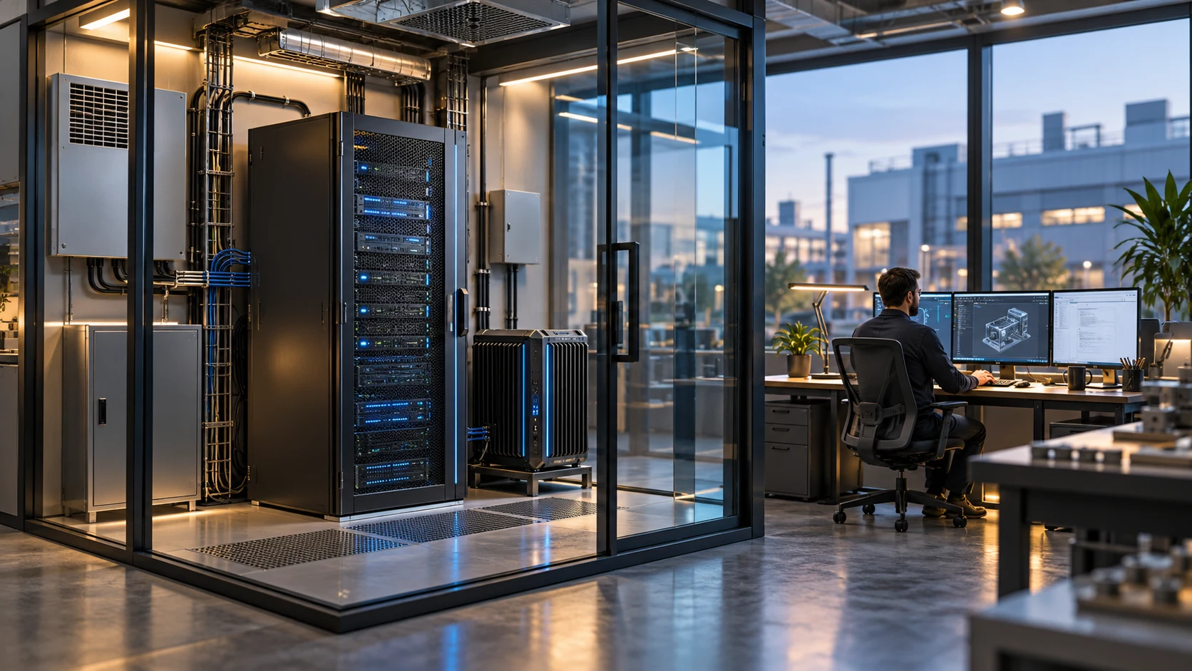 AI-generated concept illustration of an internal enterprise micro data center and edge workstation. It does not depict an actual installation.