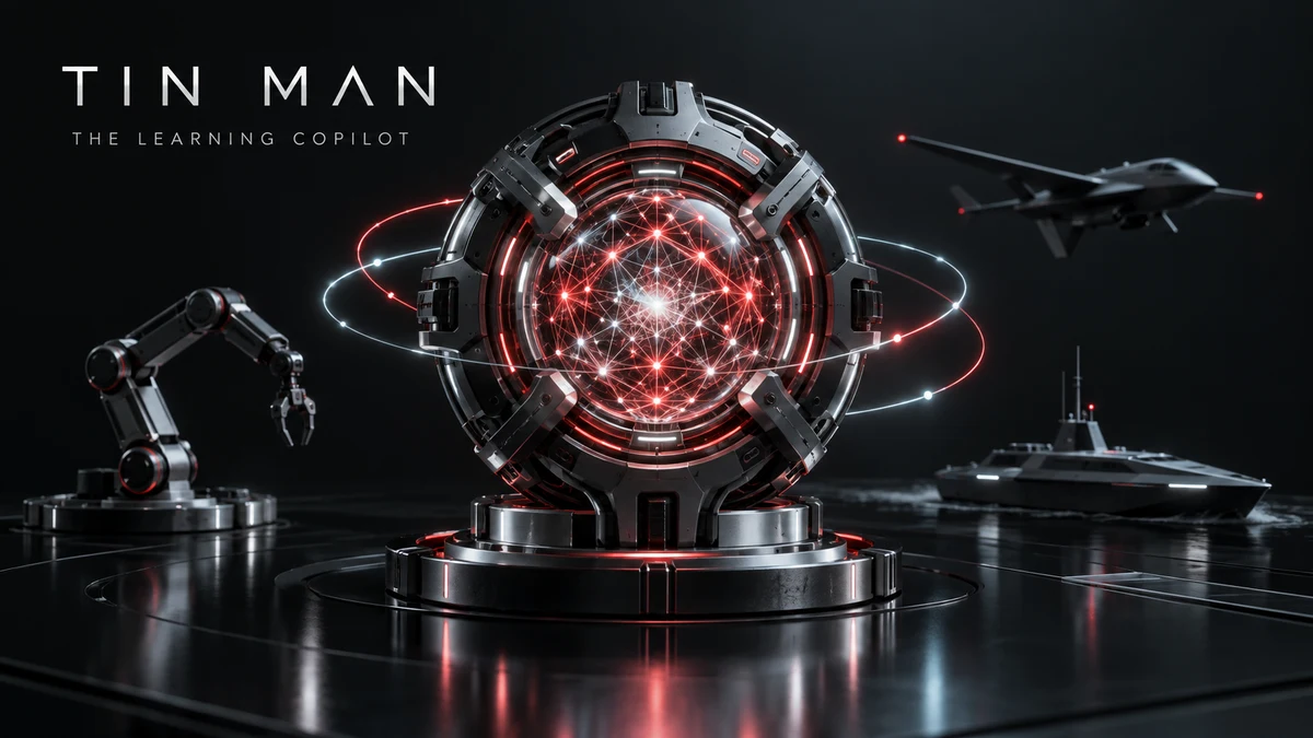 AI-generated concept illustration for the Tin Man learning copilot: a synthetic cognitive core connecting industrial robotics, aerial and naval research platforms. Not a photograph of deployed hardware.